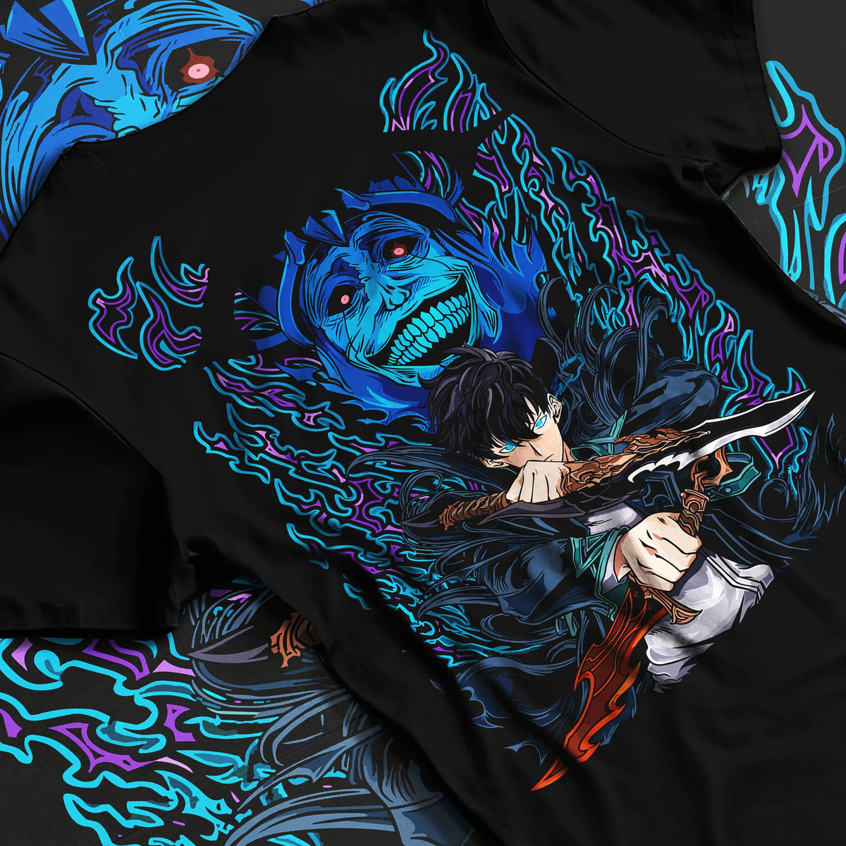 Black T-shirt flat back view with Sung Jin-Woo with blue Statue of God shadow from Solo Leveling illustrated back graphic