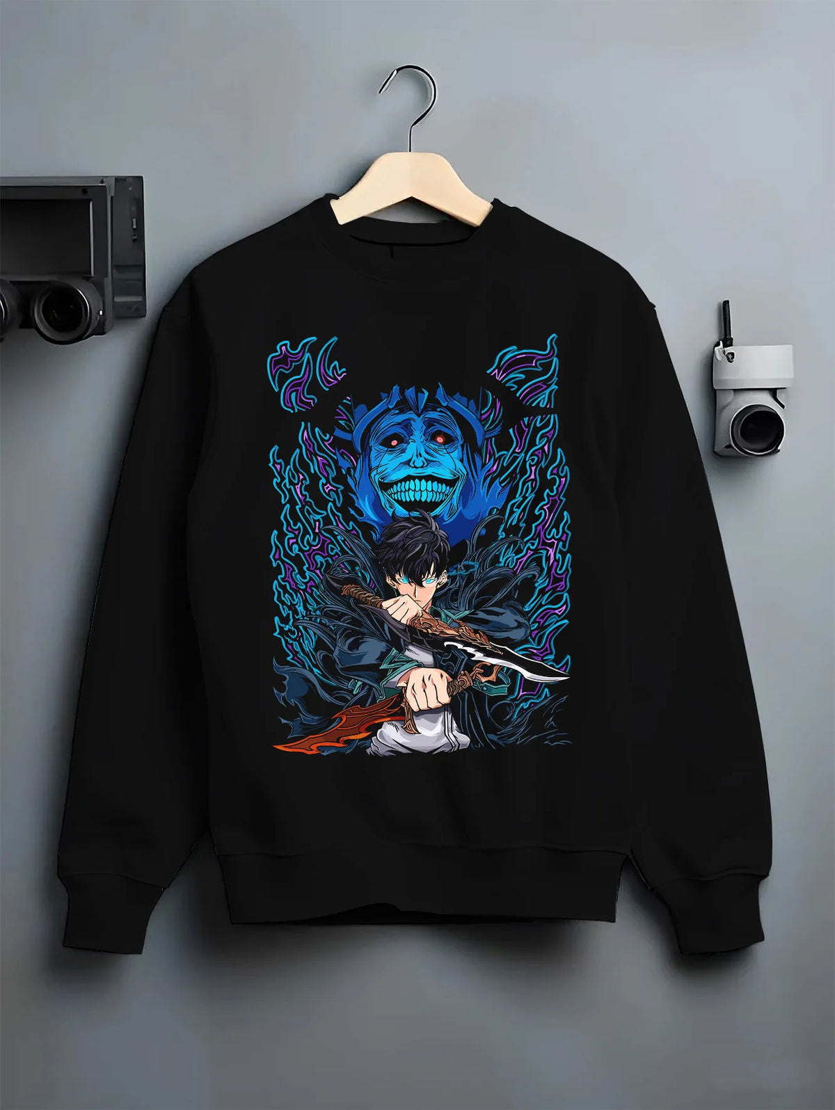 Black crewneck sweatshirt on hanger with Sung Jin-Woo with blue Statue of God shadow from Solo Leveling illustrated back
