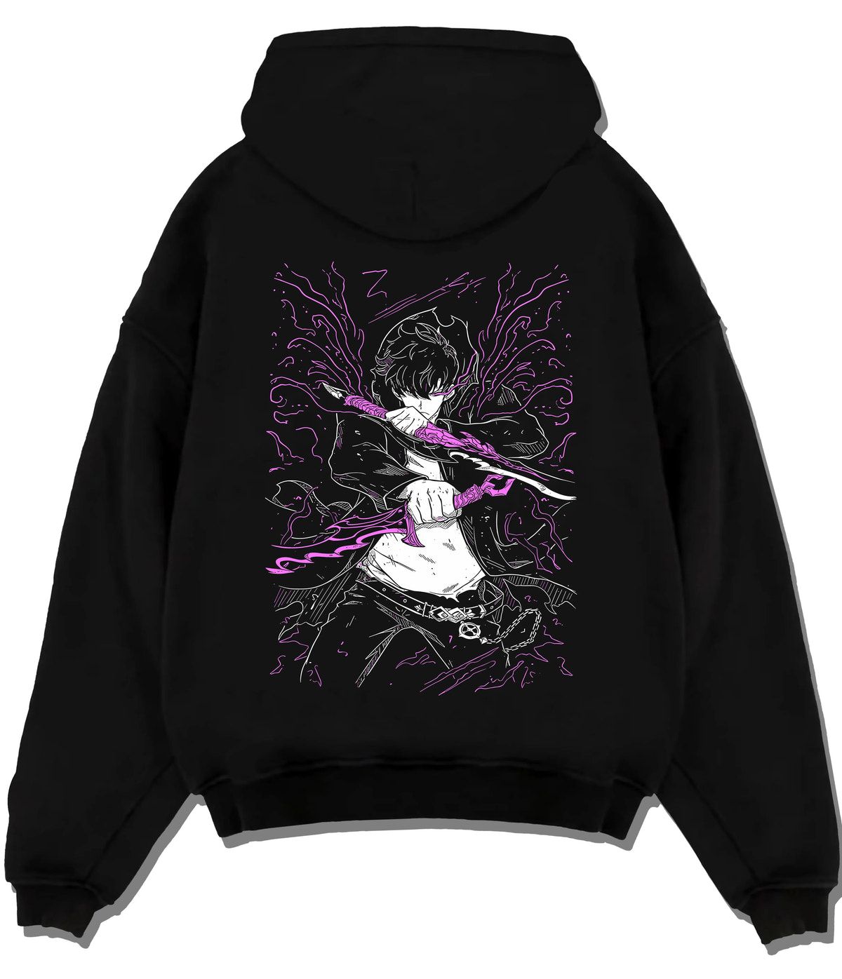 Black hoodie flat back view showing Sung Jin-Woo from Solo Leveling: purple blade energy action