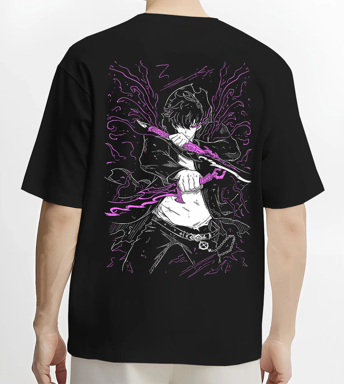 Black T-shirt model back view showing Sung Jin-Woo from Solo Leveling: purple blade energy action