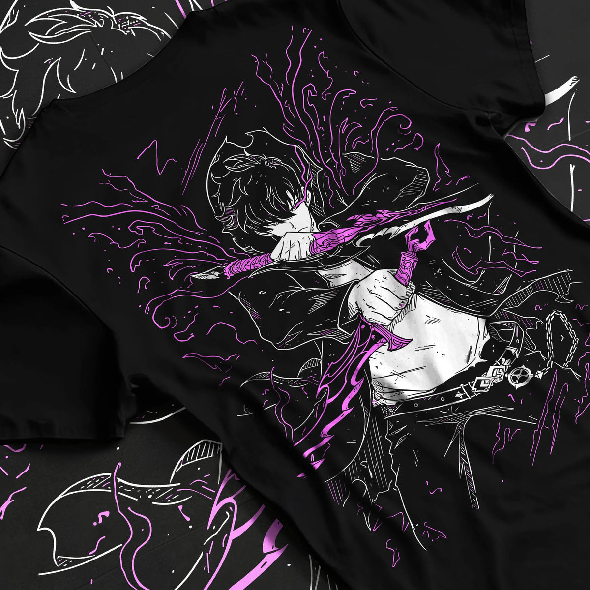 Black T-shirt flat back view showing Sung Jin-Woo from Solo Leveling: purple blade energy action