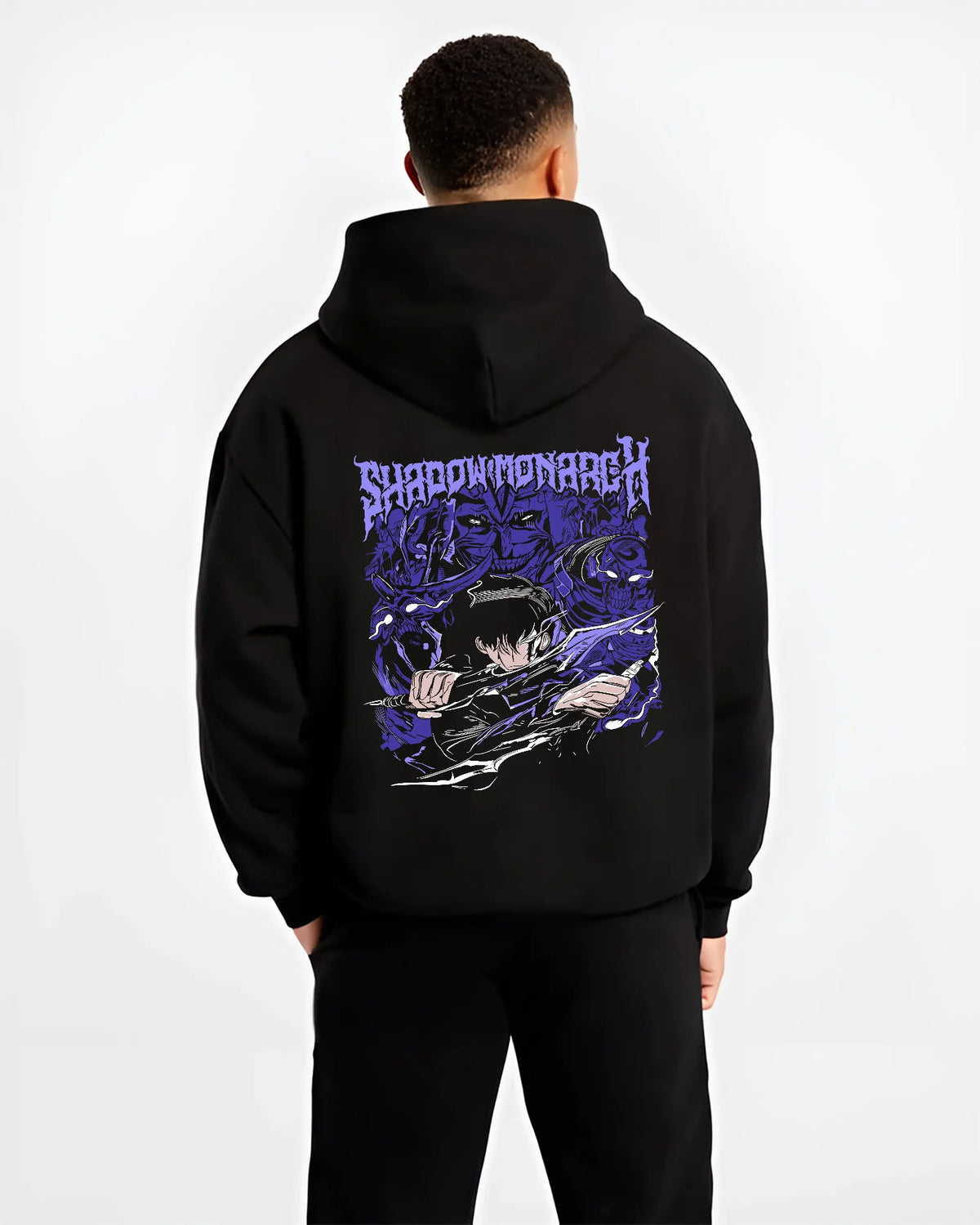 Black hoodie model back view showing Sung Jin-Woo with shadow army from Solo Leveling: purple manga poster