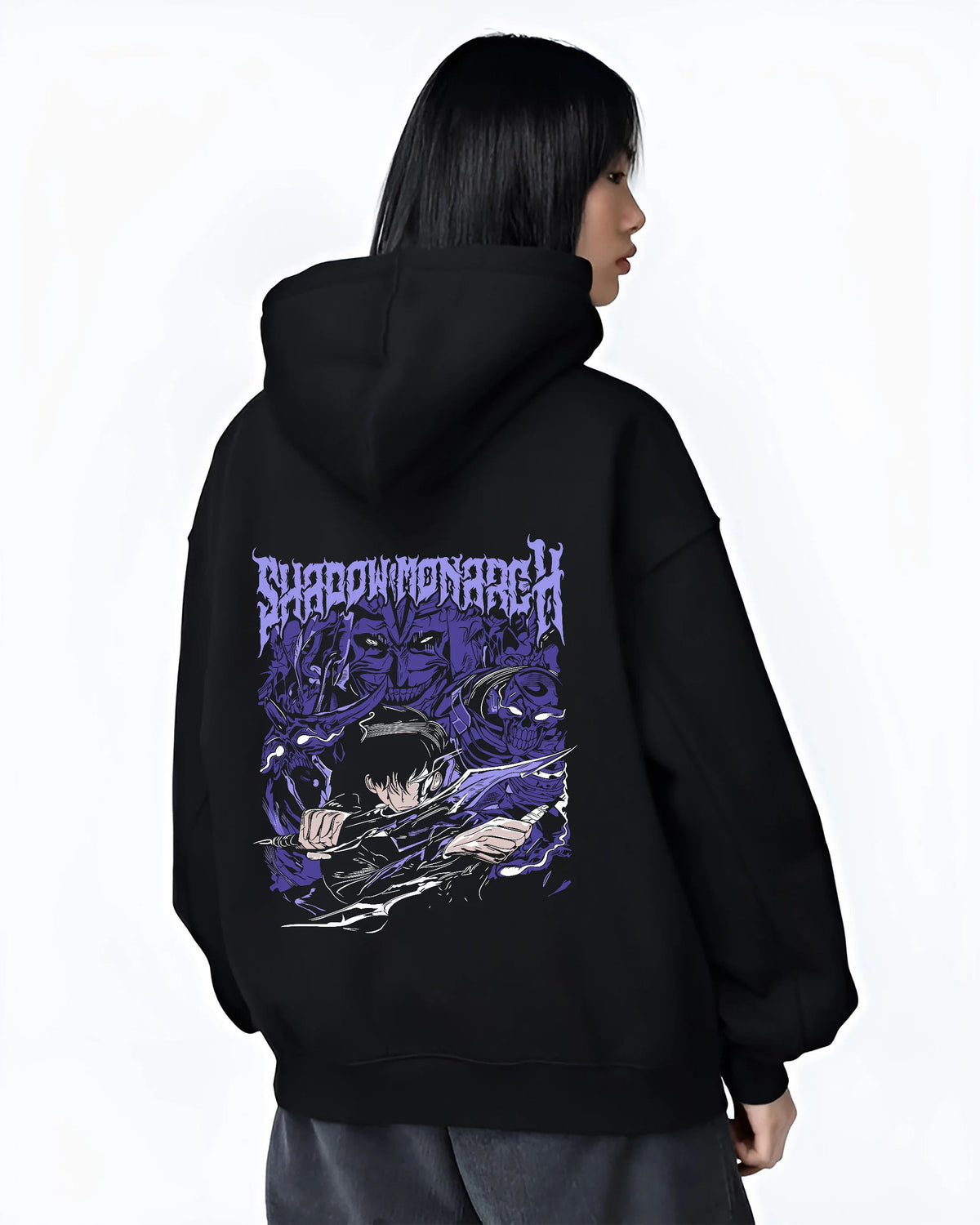 Black hoodie female model back view showing Sung Jin-Woo with shadow army from Solo Leveling: purple manga poster