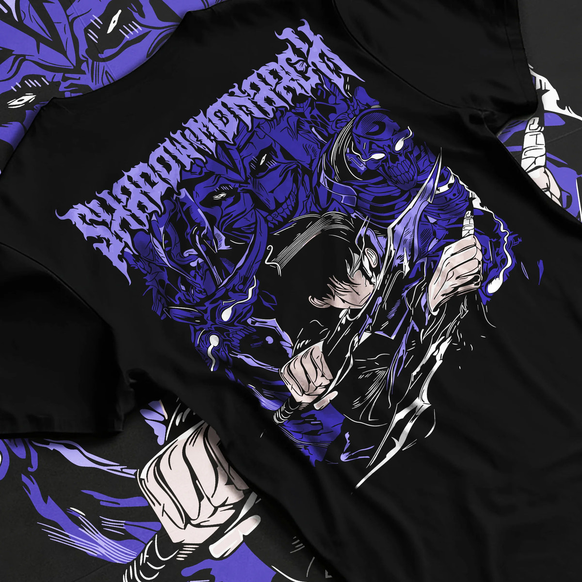 Black T-shirt flat back view showing Sung Jin-Woo with shadow army from Solo Leveling: purple manga poster