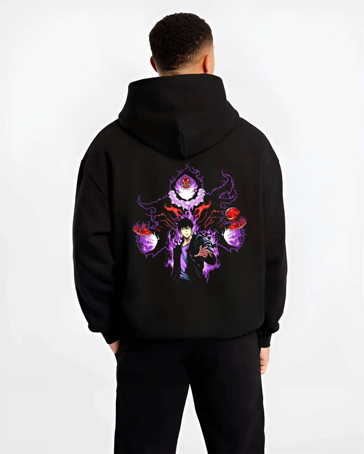 Black hoodie model back view showing Sung Jin-Woo from Solo Leveling: purple aura with shadow-eye figure