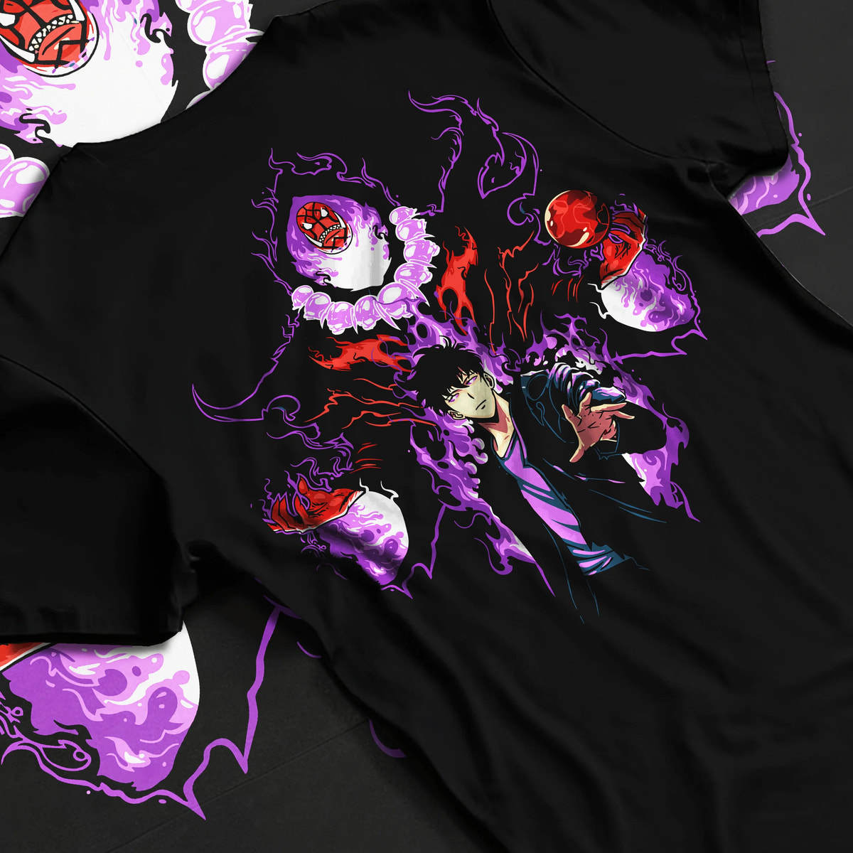 Black T-shirt flat back view showing Sung Jin-Woo from Solo Leveling: purple aura with shadow-eye figure