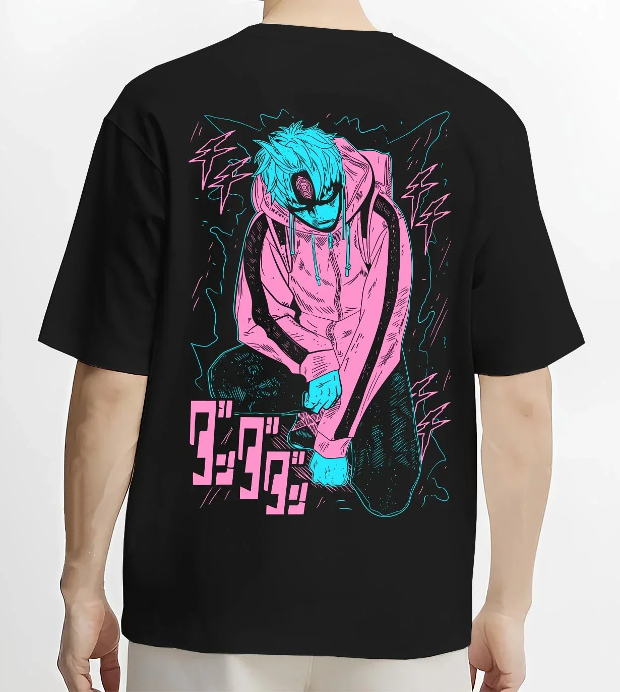 Black T-shirt worn by male model, back view with Naruto Hoodie Jiraiya Sage Mode Summon Jumper graphic premium wear.