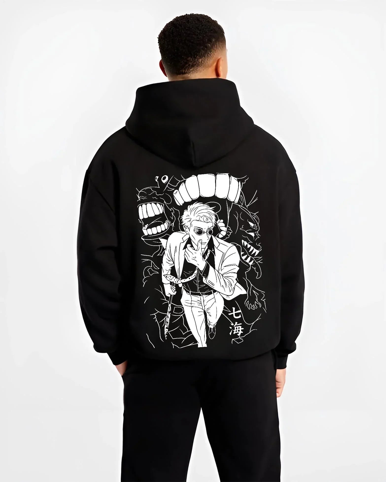 Black hoodie worn by male model, back view with Jujutsu Kaisen Hoodie Satoru Gojo Dark Energy Jumper graphic streetwear graphic.