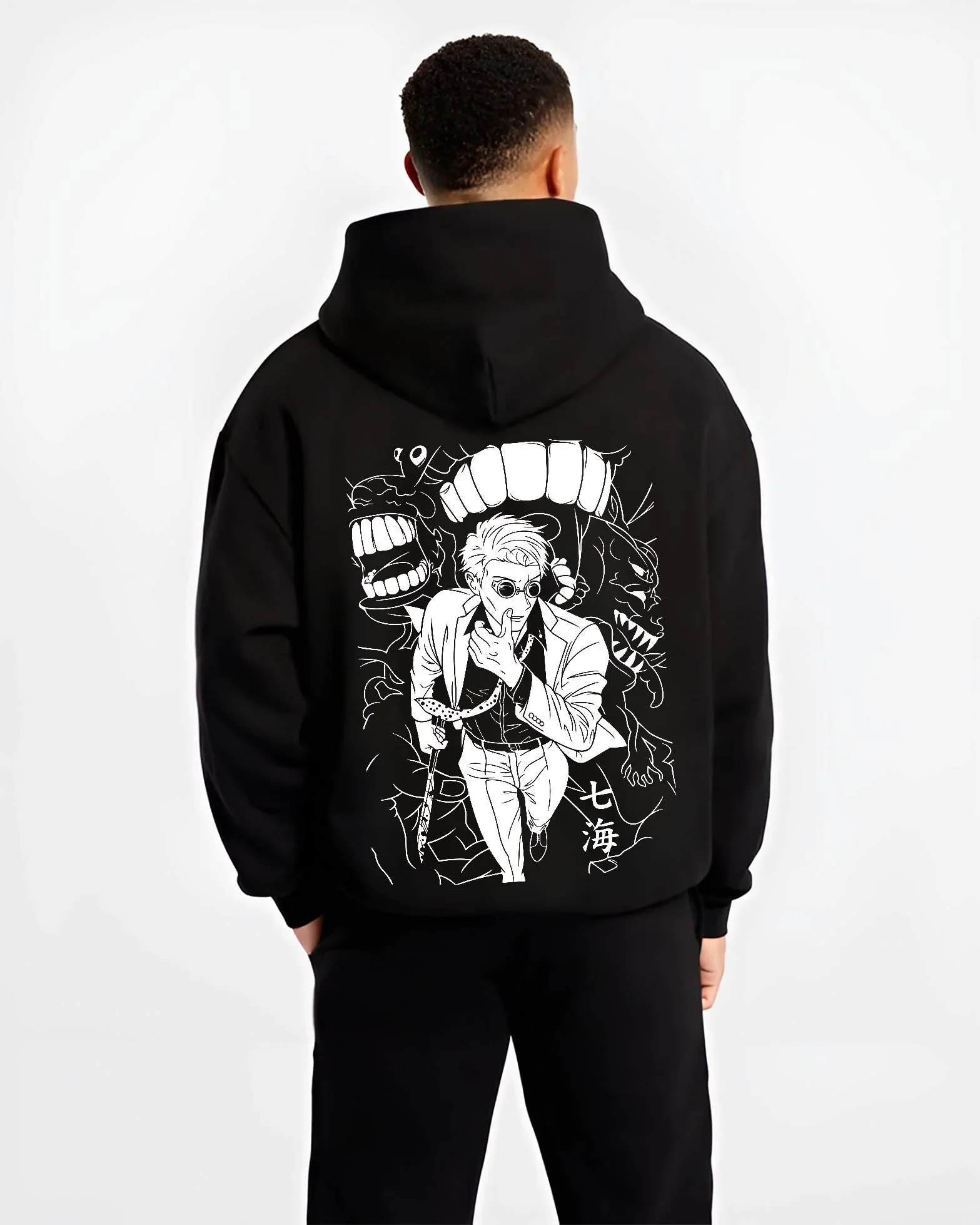 Black hoodie worn by male model, back view with Jujutsu Kaisen Hoodie Satoru Gojo Dark Energy Jumper graphic streetwear graphic.