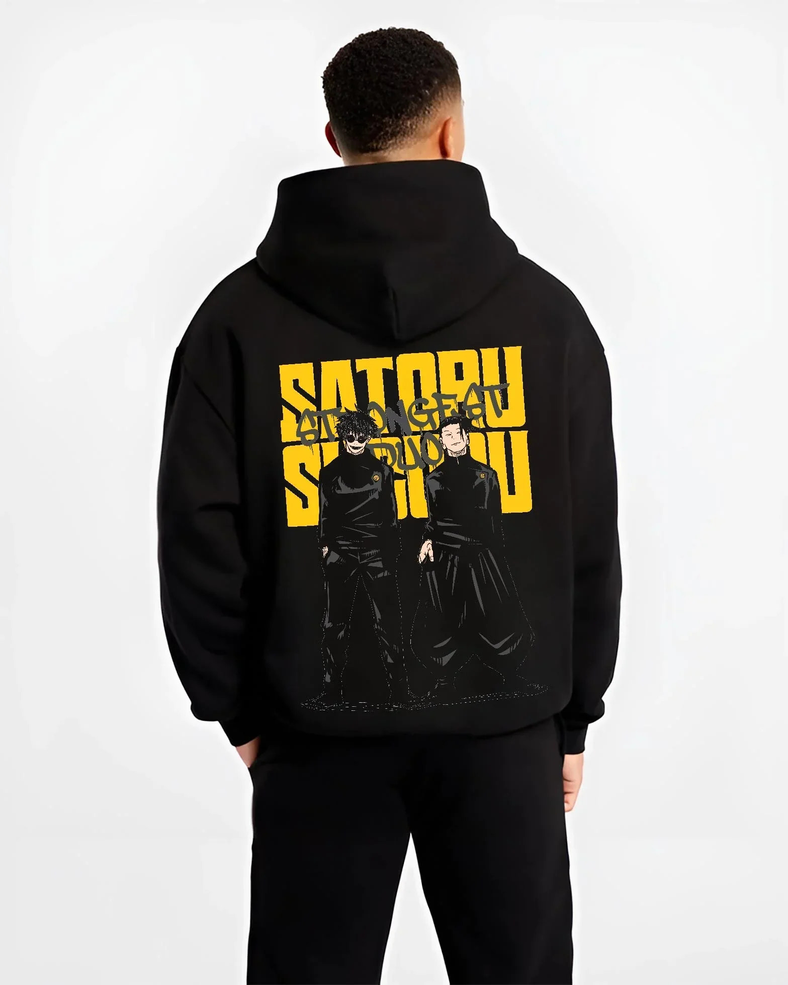 Black hoodie worn by male model, back view with Jujutsu Kaisen Hoodie Satoru Gojo Twin Pose Jumper graphic streetwear graphic.