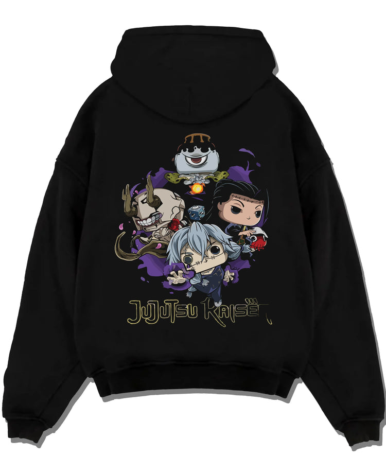 Black pullover hoodie laid flat with Jujutsu Kaisen Hoodie Pop Figure Set Gojo and Yuji graphic streetwear graphic.