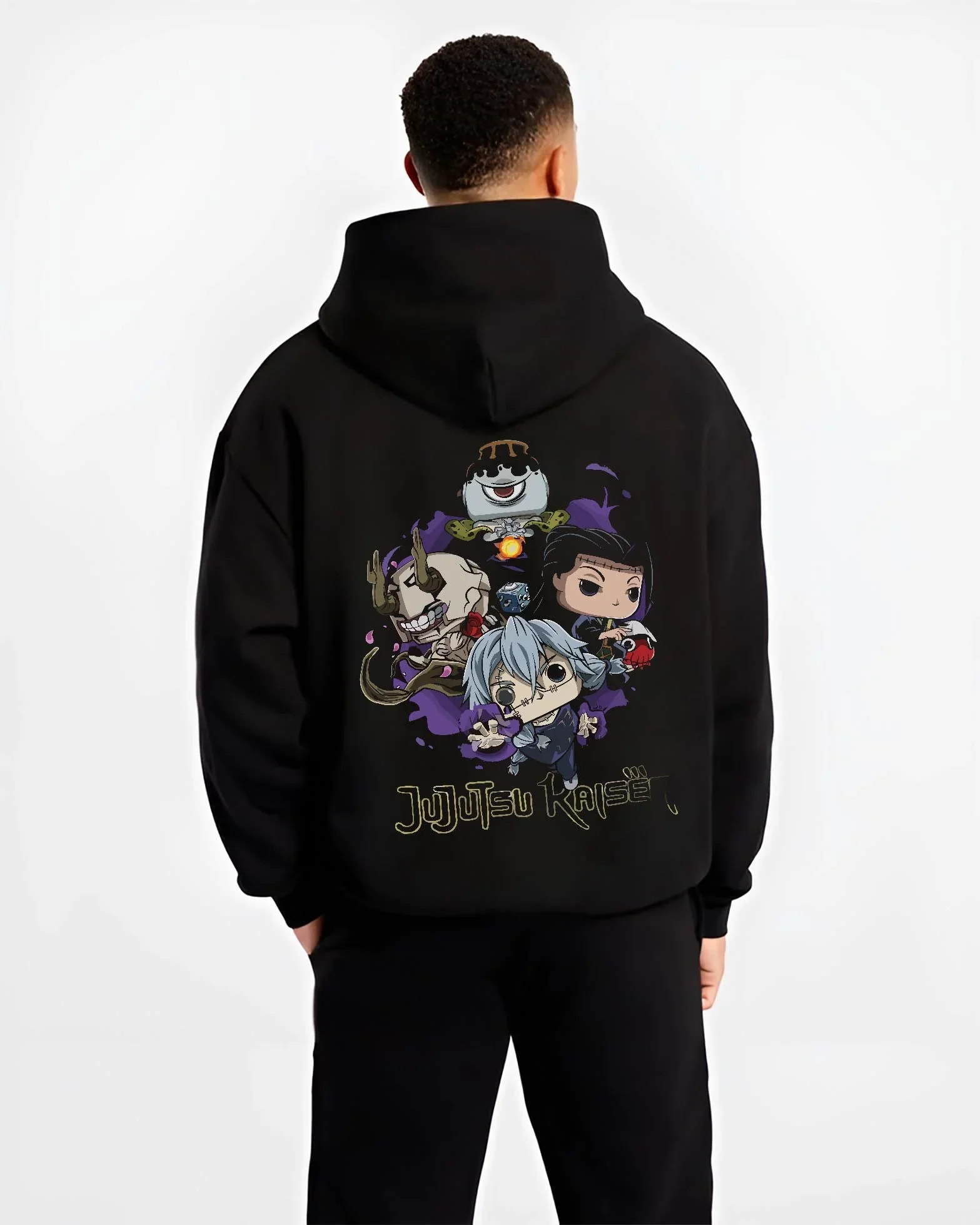 Black hoodie worn by male model, back view with Jujutsu Kaisen Hoodie Pop Figure Set Gojo and Yuji graphic premium wear.