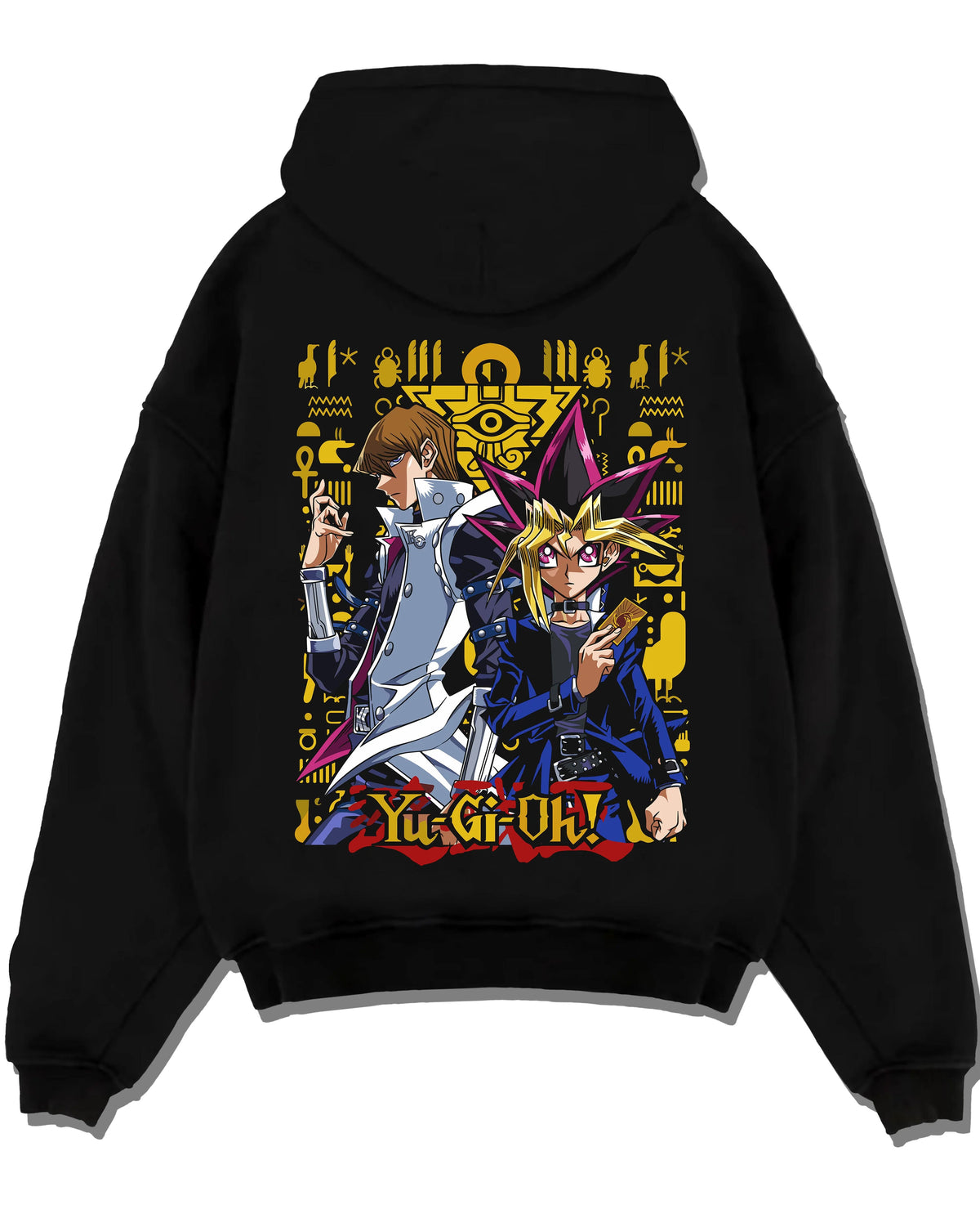 Black hoodie laid flat featuring Yugi and Kaiba duel rivals artwork.