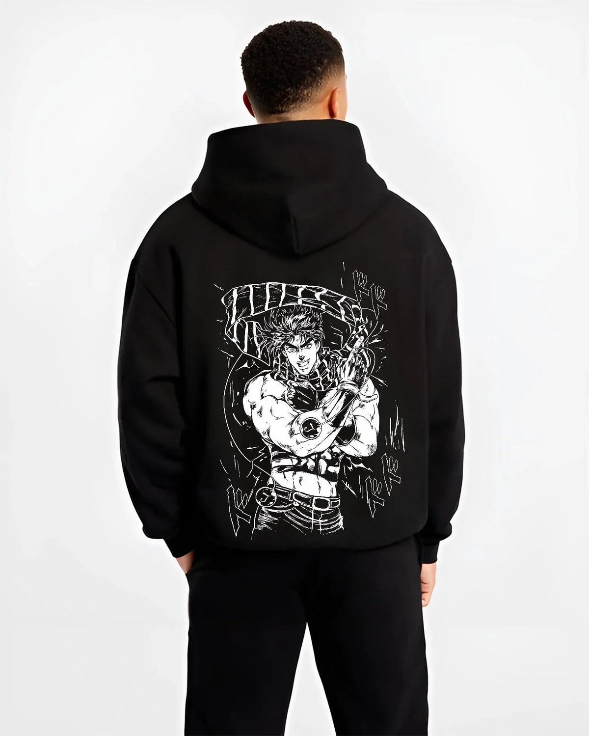 Black hoodie worn by male model, back view with JoJo’s Bizarre Adventure Hoodie Jonathan Joestar Jumper graphic premium wear.
