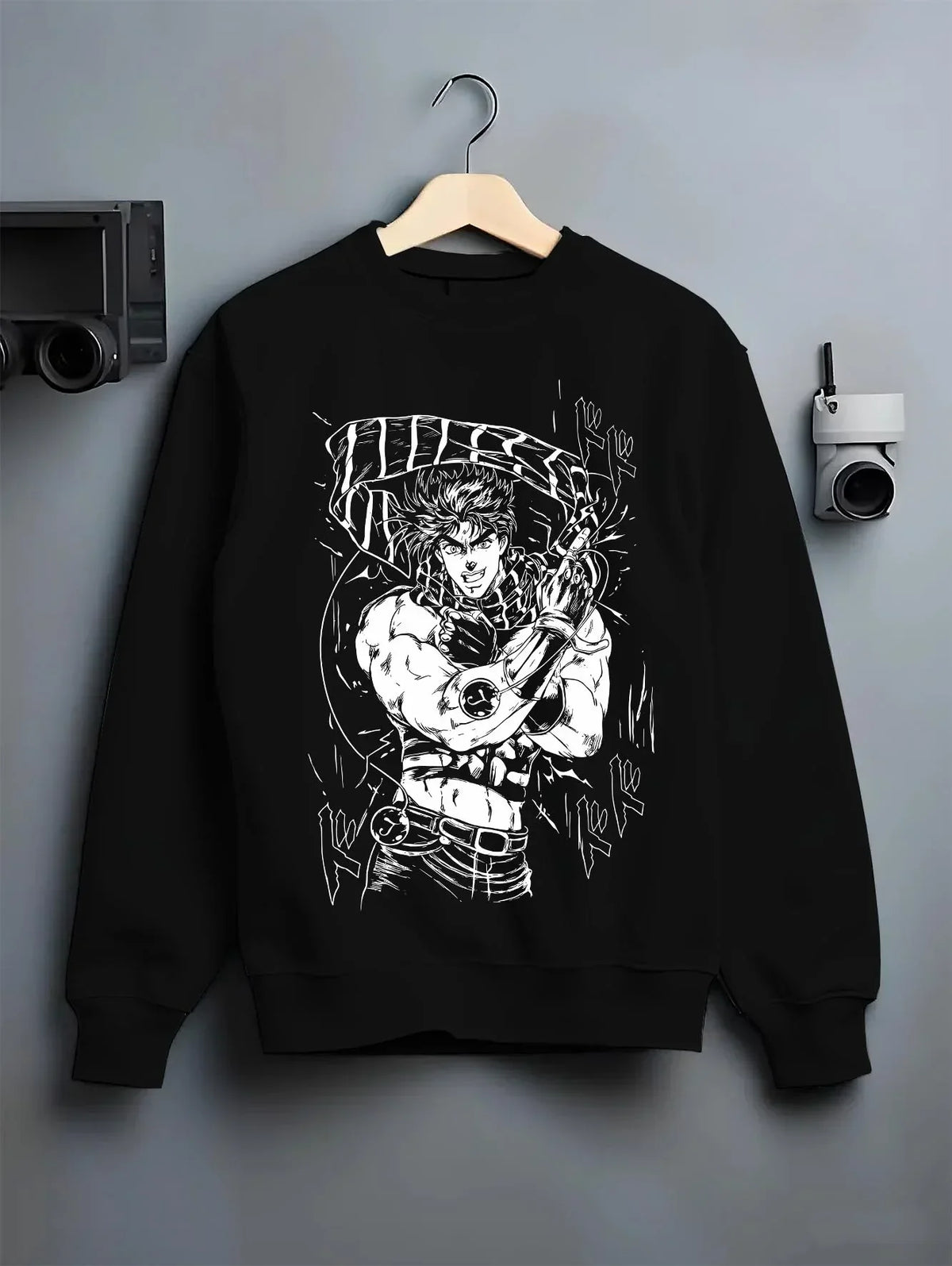 Black crewneck sweatshirt on hanger with JoJo’s Bizarre Adventure Hoodie Jonathan Joestar Jumper graphic bold anime graphic.