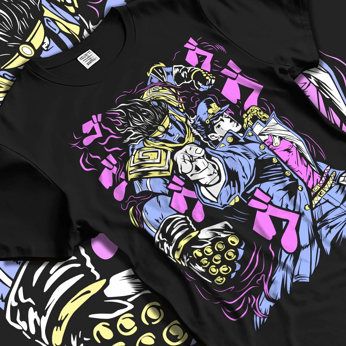 Black T-shirt laid flat with natural folds with Jotaro Kujo Hoodie JoJo’s Bizarre Adventure Star Platinum graphic bold anime graphic.