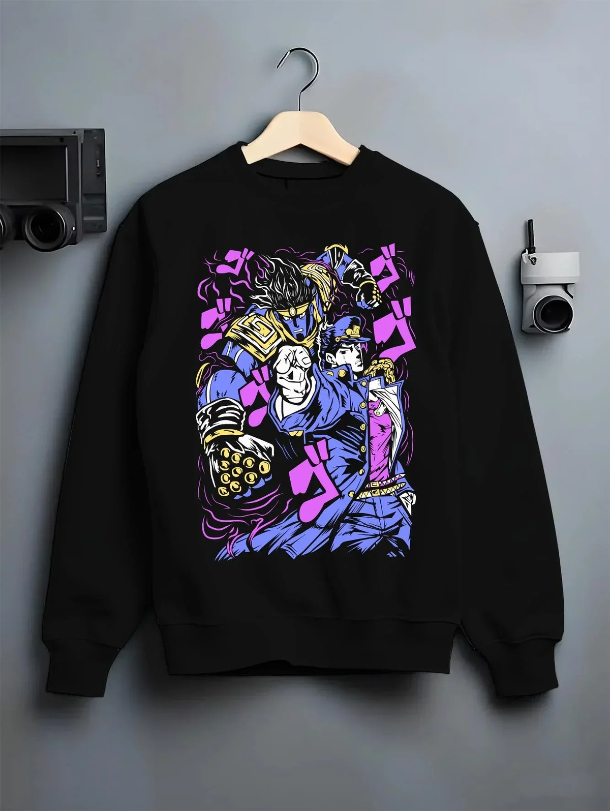 Black crewneck sweatshirt on hanger with Jotaro Kujo Hoodie JoJo’s Bizarre Adventure Star Platinum graphic premium wear.