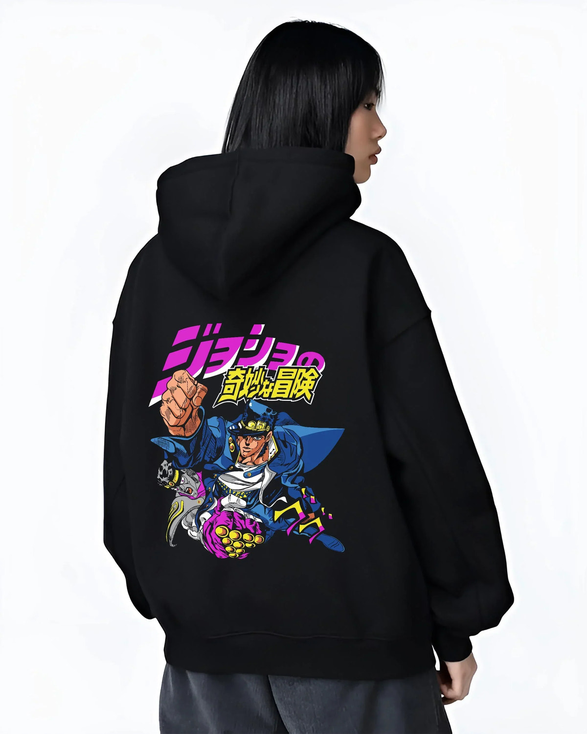 Black hoodie worn by female model, back view with Jotaro Kujo Hoodie JoJo’s Bizarre Adventure Battle Outfit graphic premium wear.