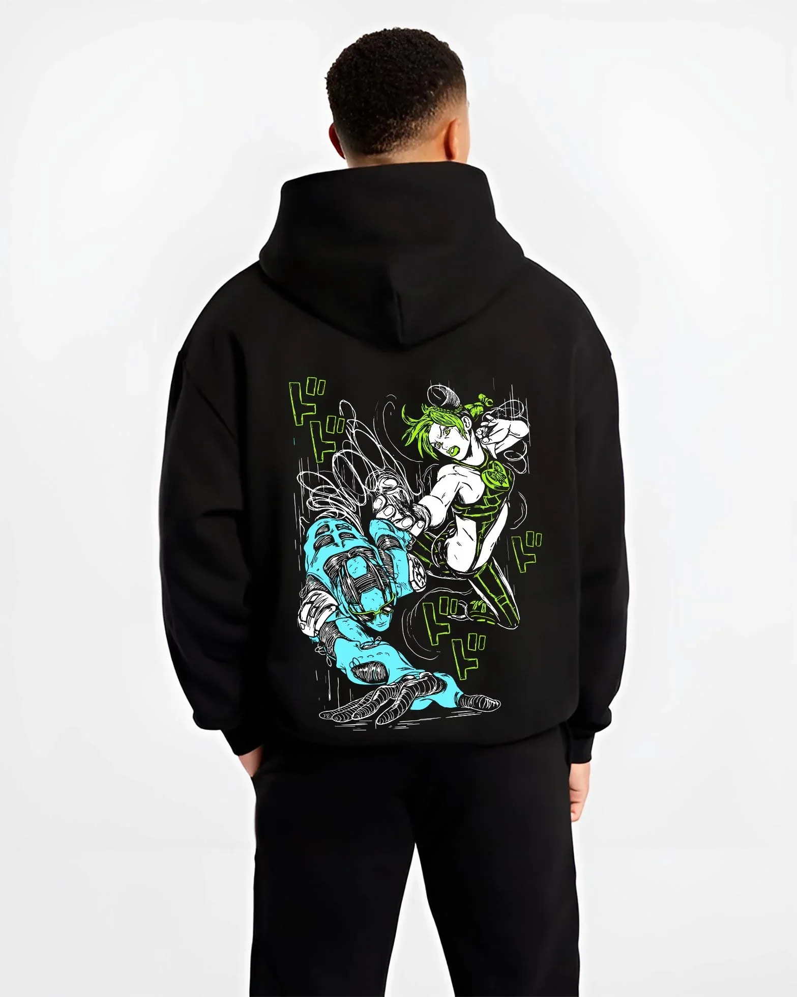 Black hoodie worn by male model, back view with Jolyne Cujoh Hoodie JoJo’s Bizarre Adventure Anime Pose graphic streetwear graphic.