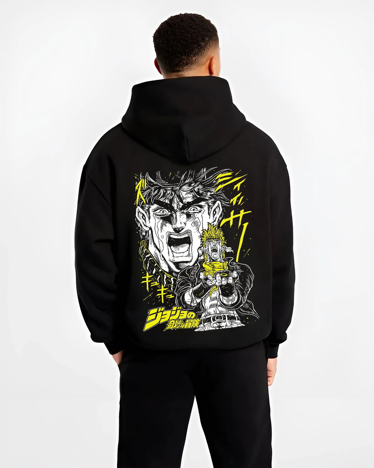 Black hoodie model back view showing Joseph Joestar from JoJo’s Bizarre Adventure: JoJo manga action yell