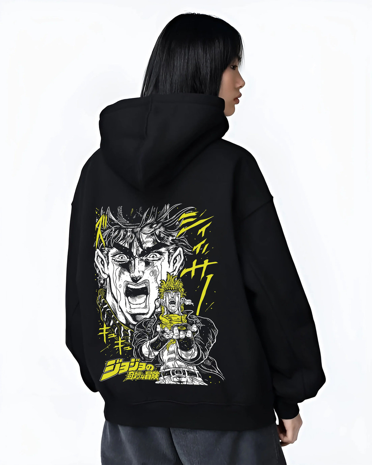 Black hoodie female model back view showing Joseph Joestar from JoJo’s Bizarre Adventure: JoJo manga action yell