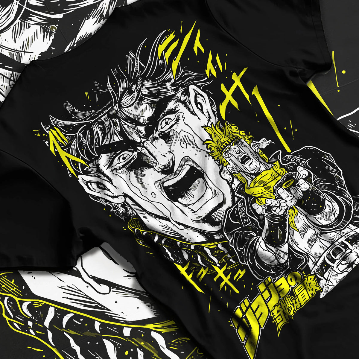 Black T-shirt flat back view showing Joseph Joestar from JoJo’s Bizarre Adventure: JoJo manga action yell