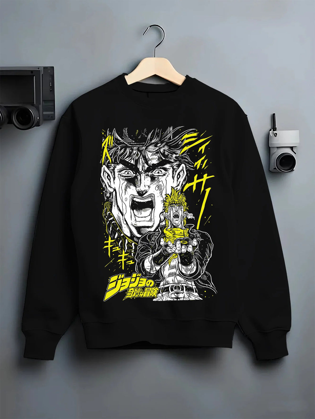 Black crewneck sweatshirt on hanger showing Joseph Joestar from JoJo’s Bizarre Adventure: JoJo manga action yell