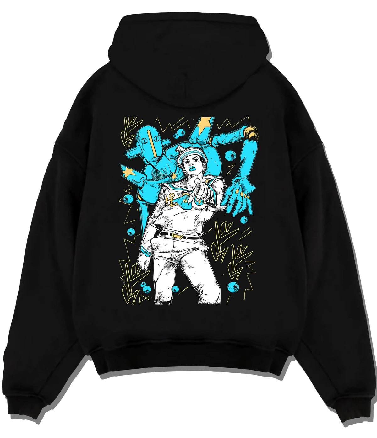 Black hoodie flat back view with Josuke Higashikata (Part 8 / Gappy) and Soft & Wet from JoJo’s Bizarre Adventure