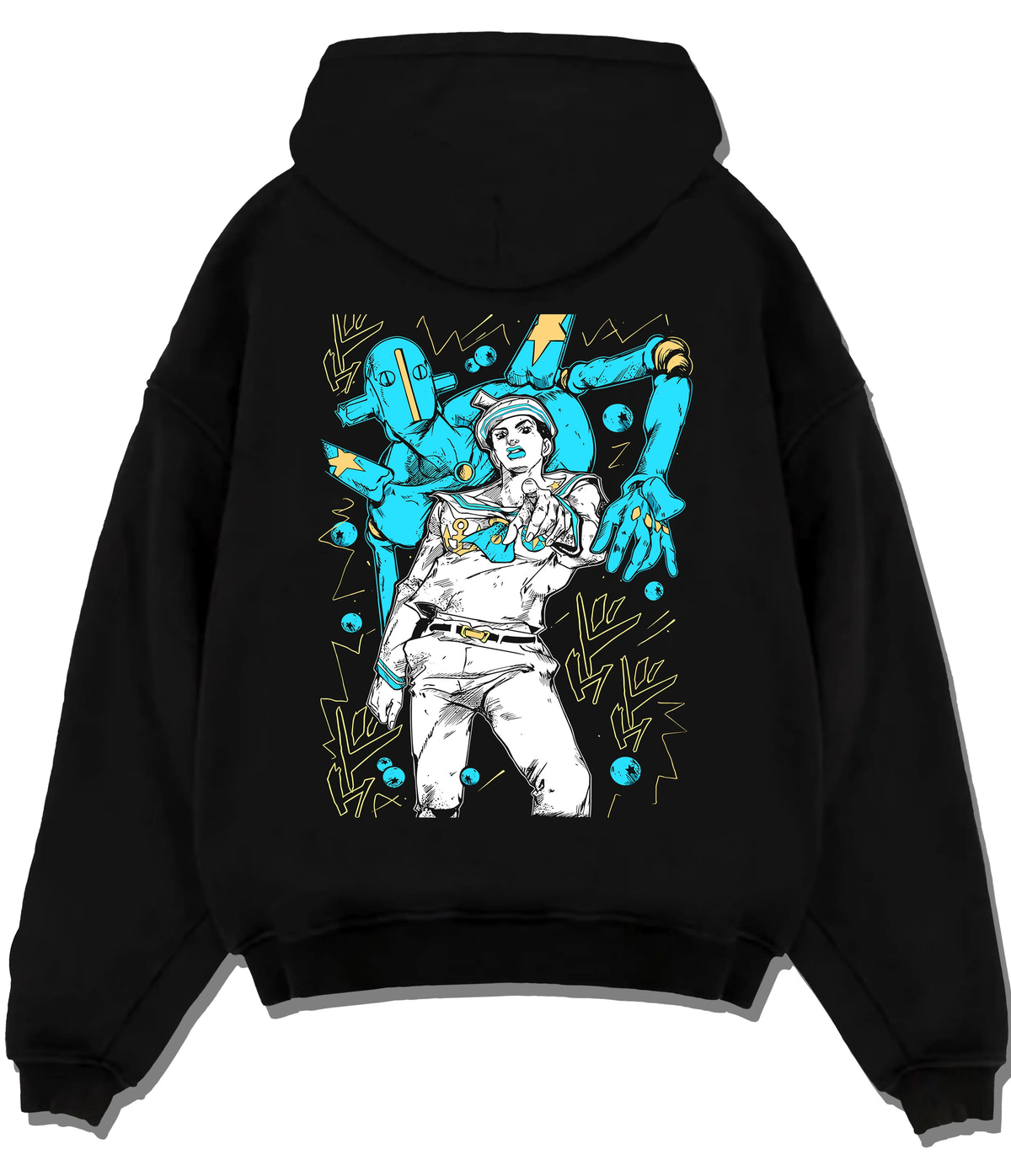 Black hoodie flat back view with Josuke Higashikata (Part 8 / Gappy) and Soft & Wet from JoJo’s Bizarre Adventure