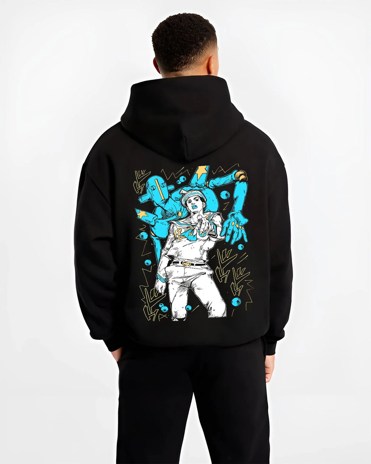 Black hoodie model back view with Josuke Higashikata (Part 8 / Gappy) and Soft & Wet from JoJo’s Bizarre Adventure
