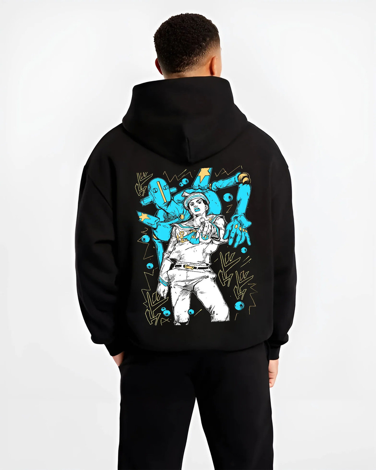 Black hoodie model back view with Josuke Higashikata (Part 8 / Gappy) and Soft & Wet from JoJo’s Bizarre Adventure