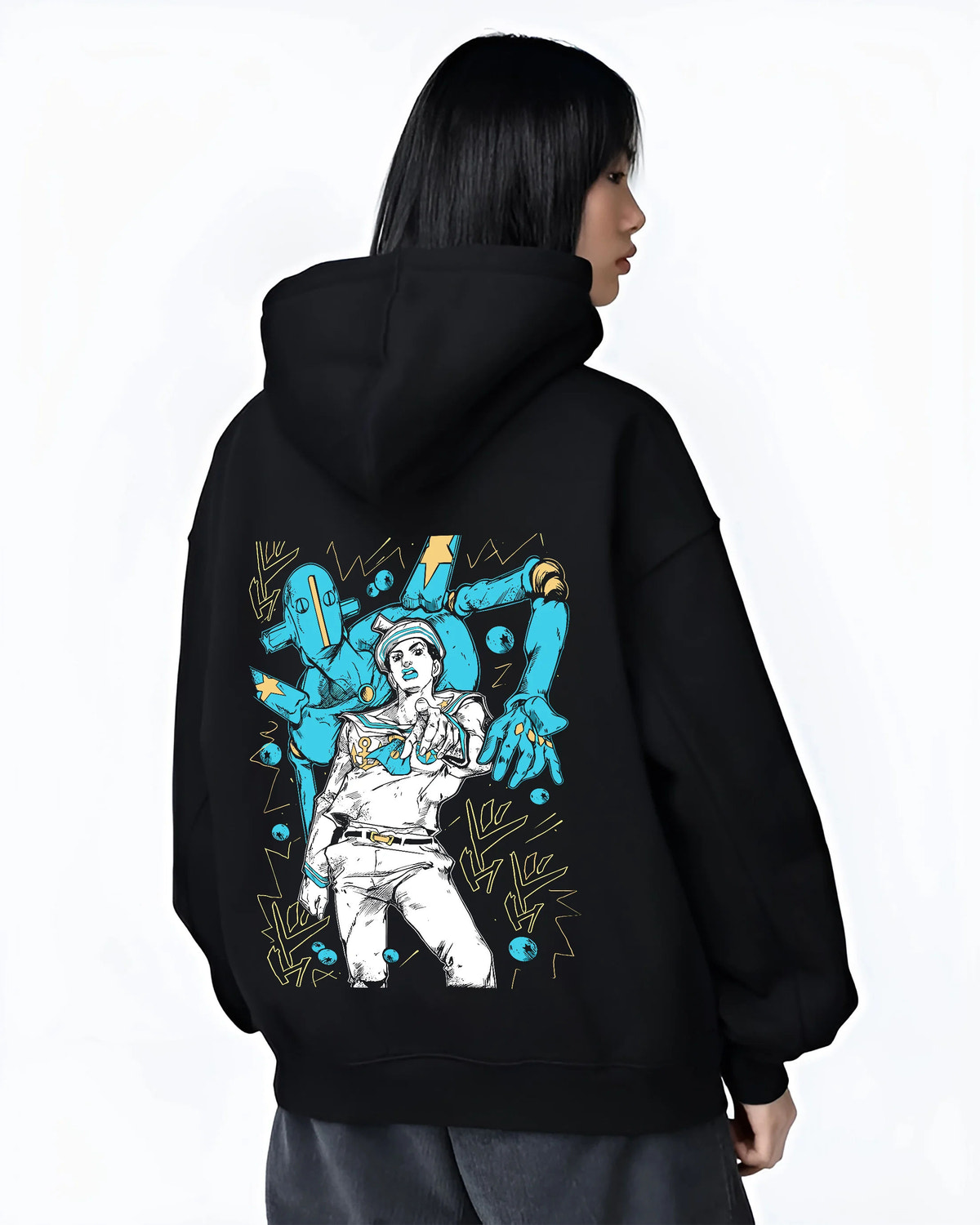 Black hoodie female model back view with Josuke Higashikata (Part 8 / Gappy) and Soft & Wet from JoJo’s Bizarre Adventure