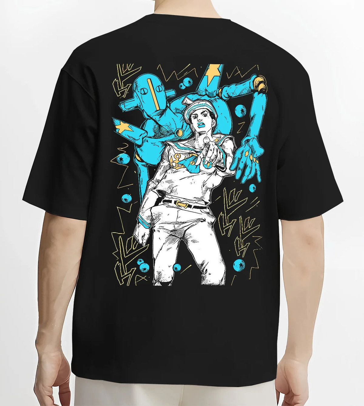 Black T-shirt model back view with Josuke Higashikata (Part 8 / Gappy) and Soft & Wet from JoJo’s Bizarre Adventure