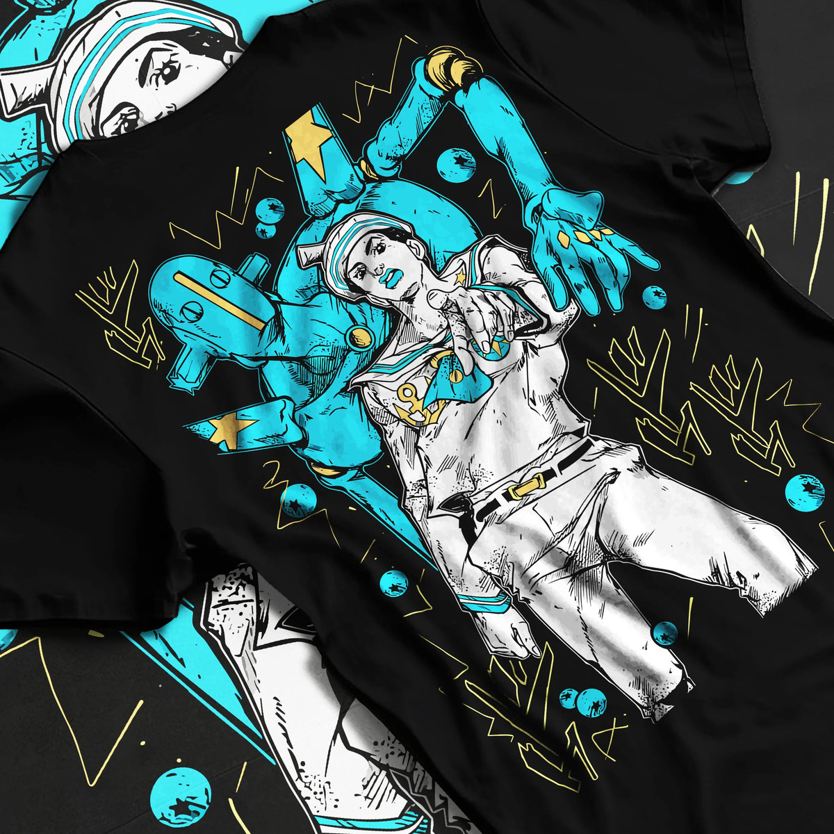 Black T-shirt flat back view with Josuke Higashikata (Part 8 / Gappy) and Soft & Wet from JoJo’s Bizarre Adventure