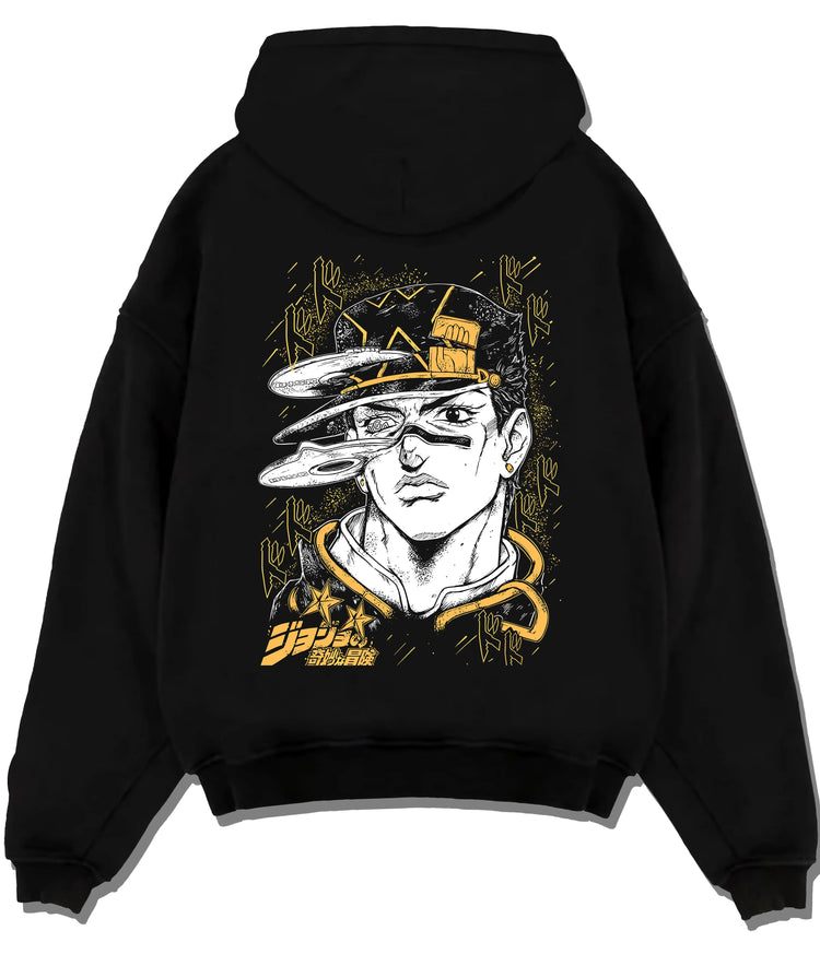 Black hoodie flat back view with Jotaro Kujo portrait with hat and gold background from JoJo’s Bizarre Adventure