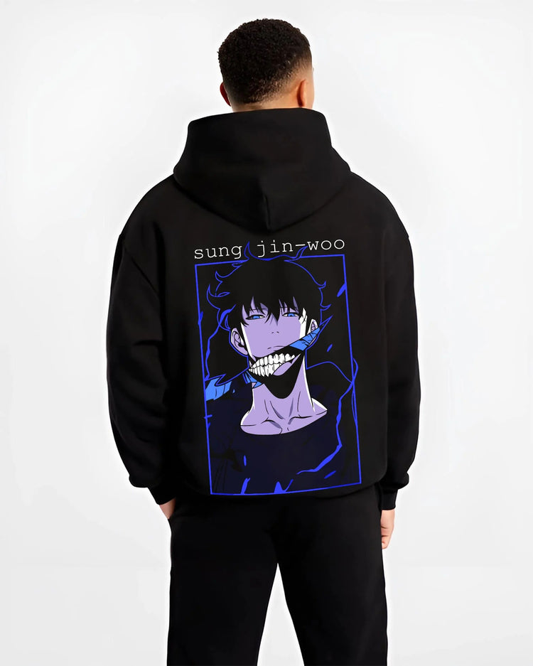 Black hoodie worn by male model from the back featuring Sung Jin-Woo blue aura Shadow Monarch artwork.