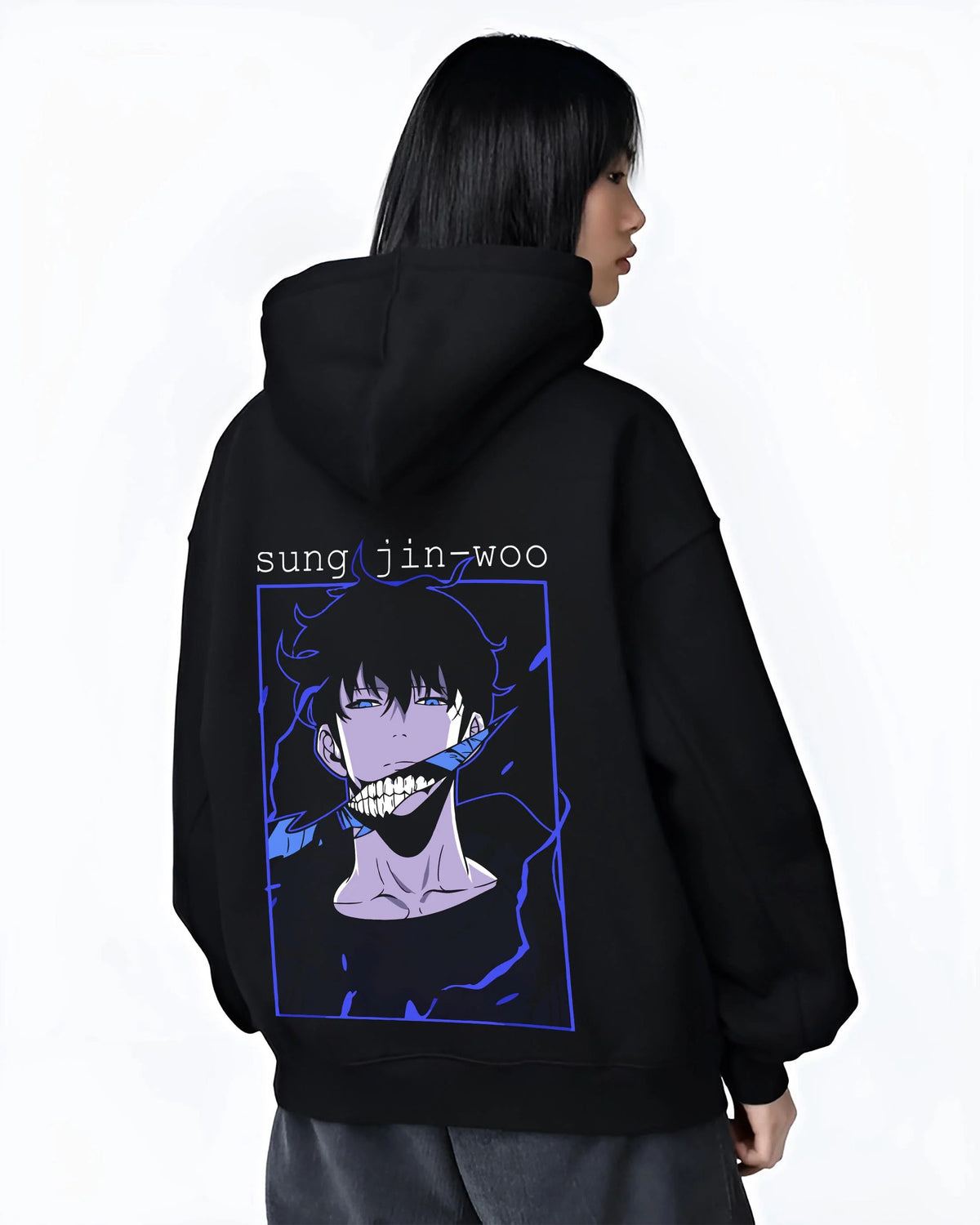 Black hoodie worn by female model from the back featuring Sung Jin-Woo blue aura Shadow Monarch artwork.