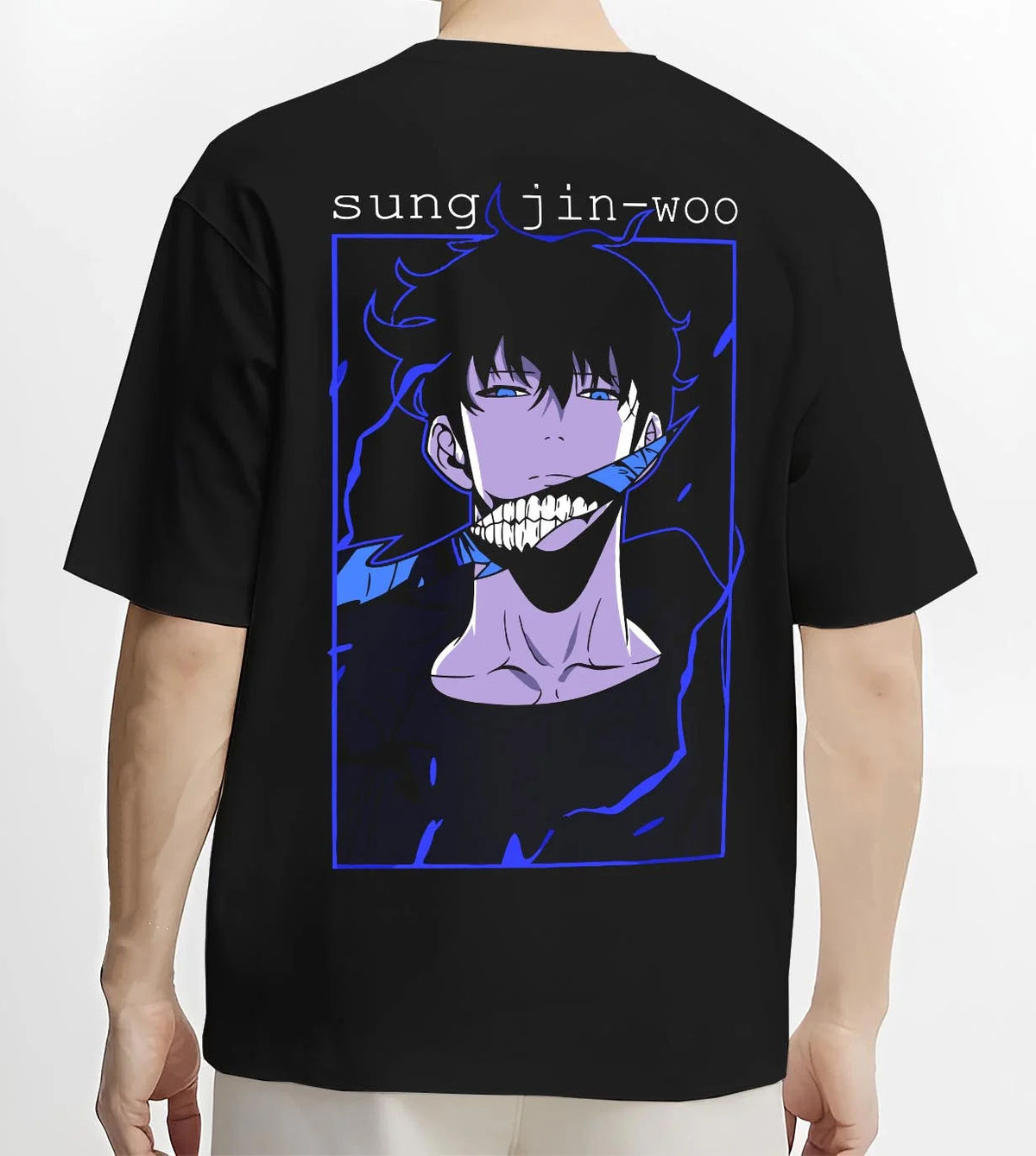 Black T-shirt worn by male model from the back featuring Sung Jin-Woo blue aura Shadow Monarch artwork.