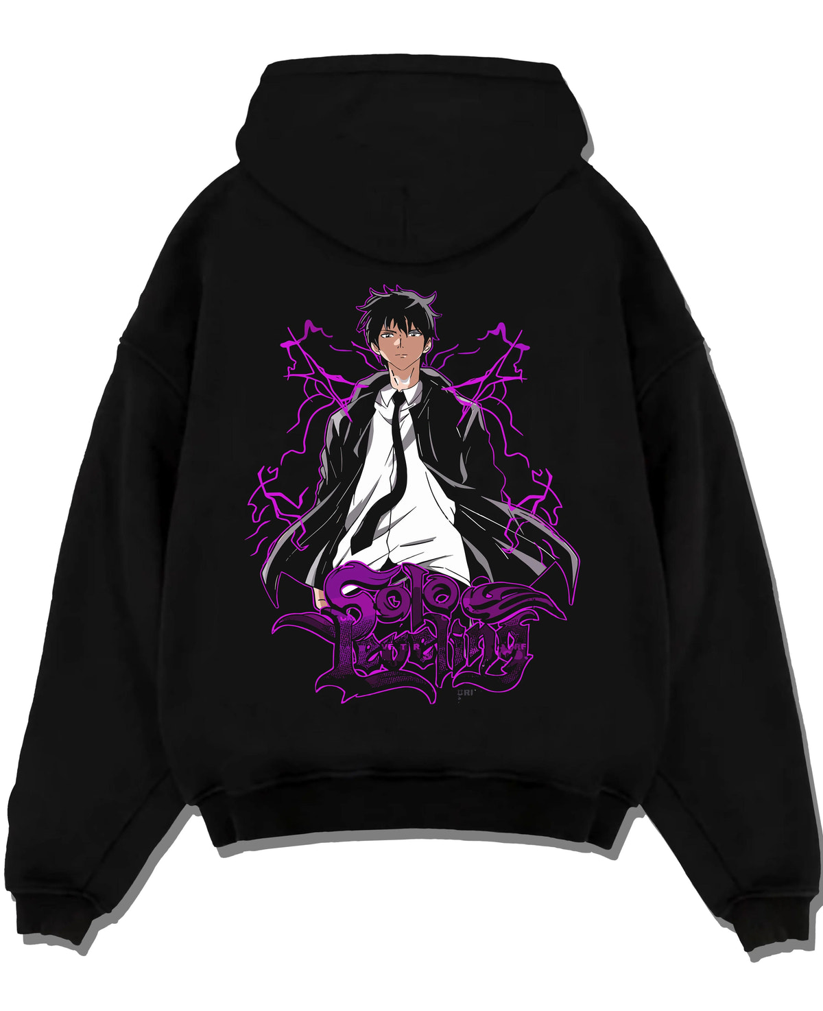 Black hoodie laid flat featuring Sung Jin-Woo purple Shadow Monarch artwork.