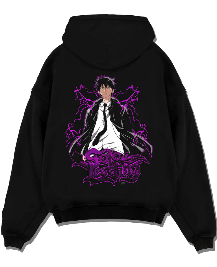 Black hoodie laid flat featuring Sung Jin-Woo purple Shadow Monarch artwork.