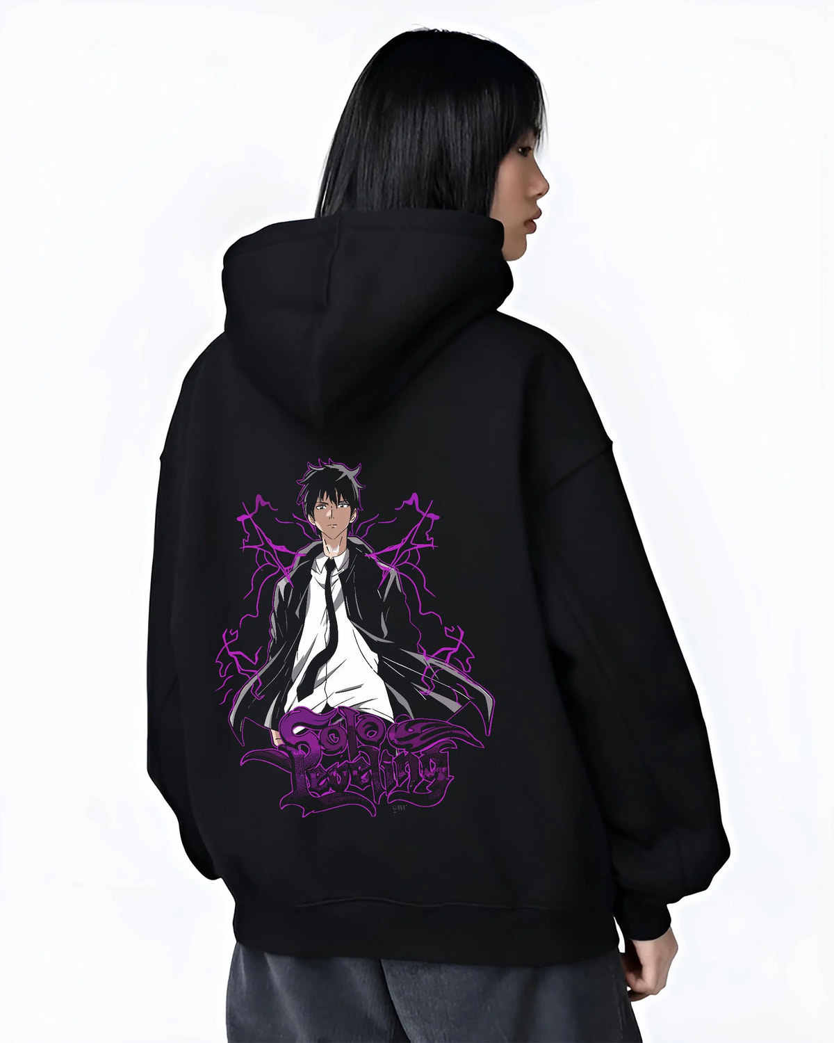 Black hoodie worn by female model from the back featuring Sung Jin-Woo purple Shadow Monarch artwork.