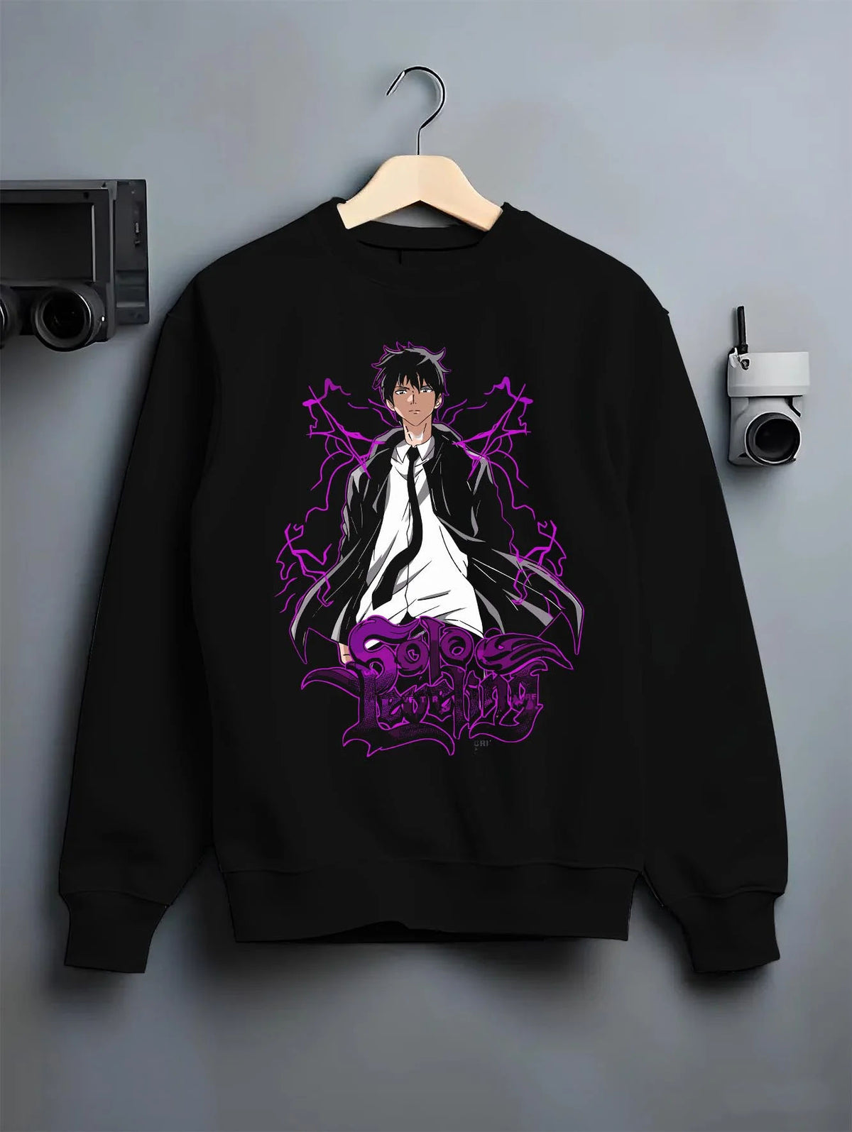 Black crewneck sweatshirt on hanger featuring Sung Jin-Woo purple Shadow Monarch artwork.