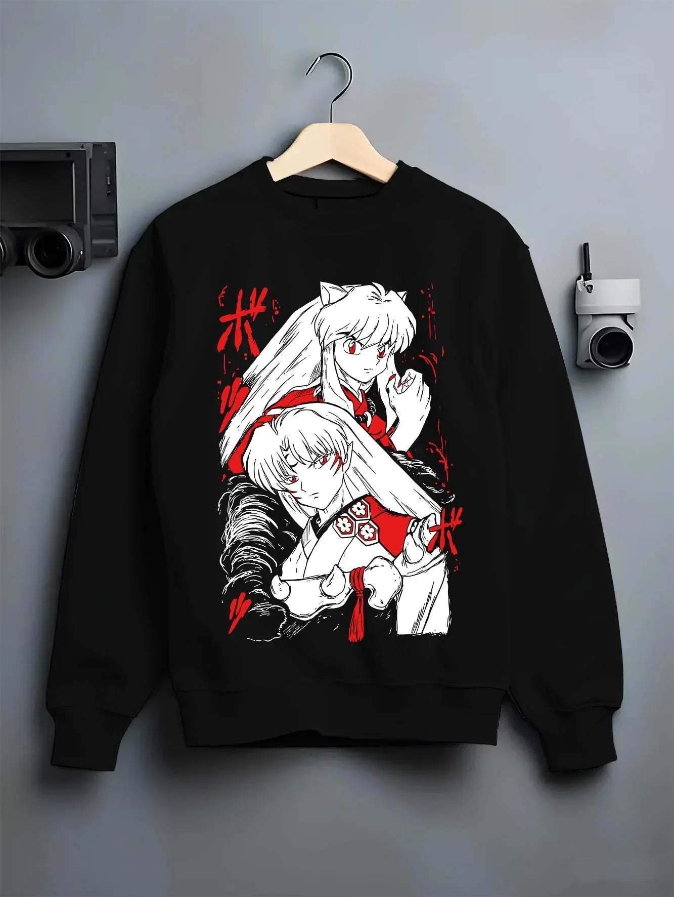 Black crewneck sweatshirt on hanger with Inuyasha Hoodie Anime Classic Kagome Love Story graphic premium wear.