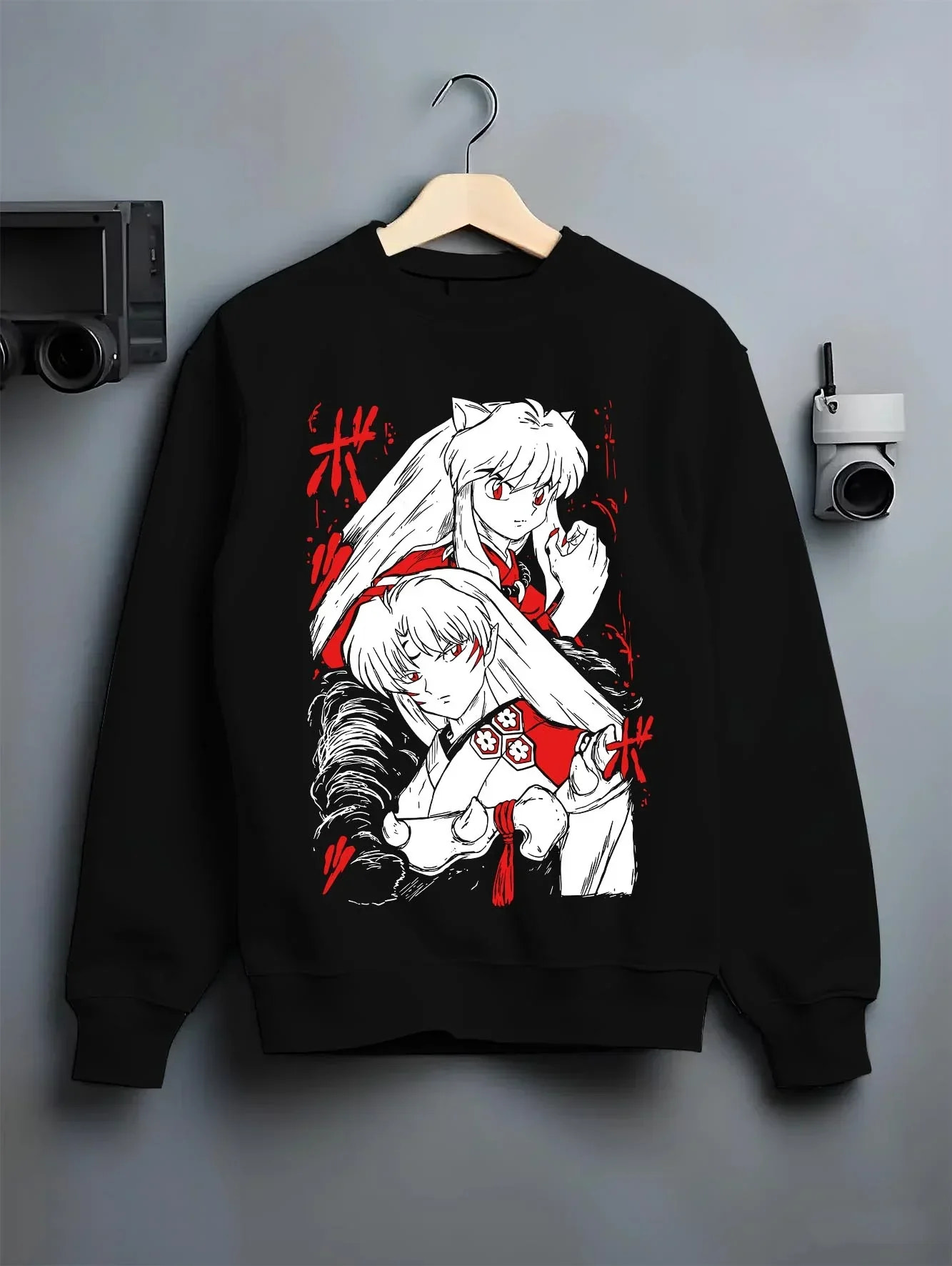 Black crewneck sweatshirt on hanger with Inuyasha Hoodie Anime Classic Kagome Love Story graphic premium wear.