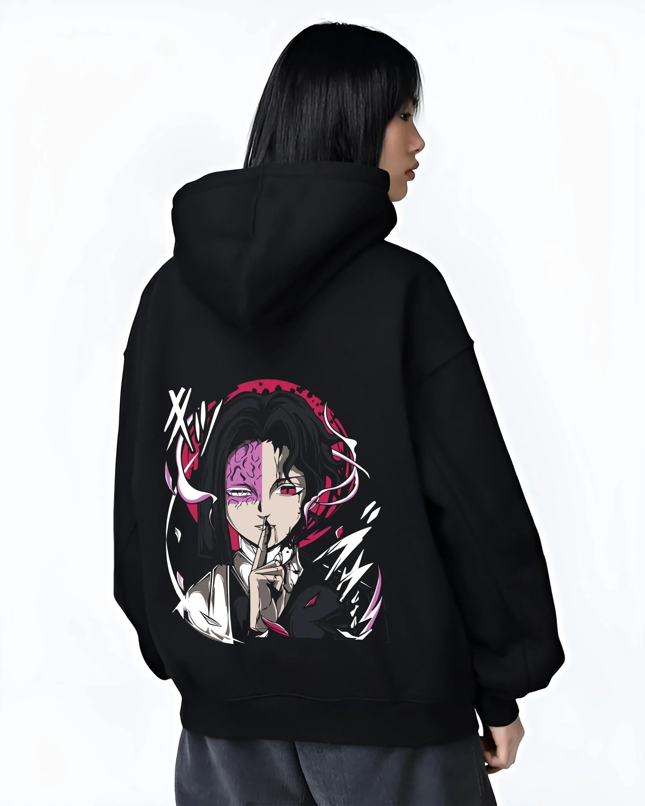 Black hoodie worn by female model, back view with Kagetane Hoodie Plunderer Masked Villain Anime Dark Design graphic premium wear.