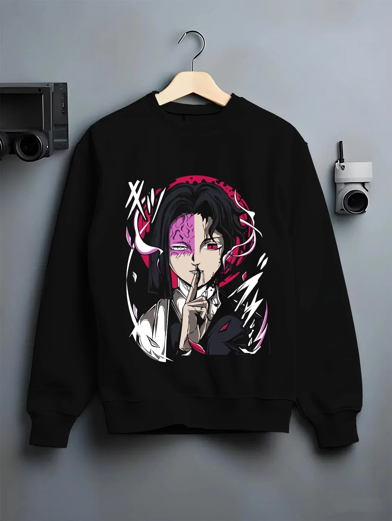 Black crewneck sweatshirt on hanger with Kagetane Hoodie Plunderer Masked Villain Anime Dark Design graphic premium wear.