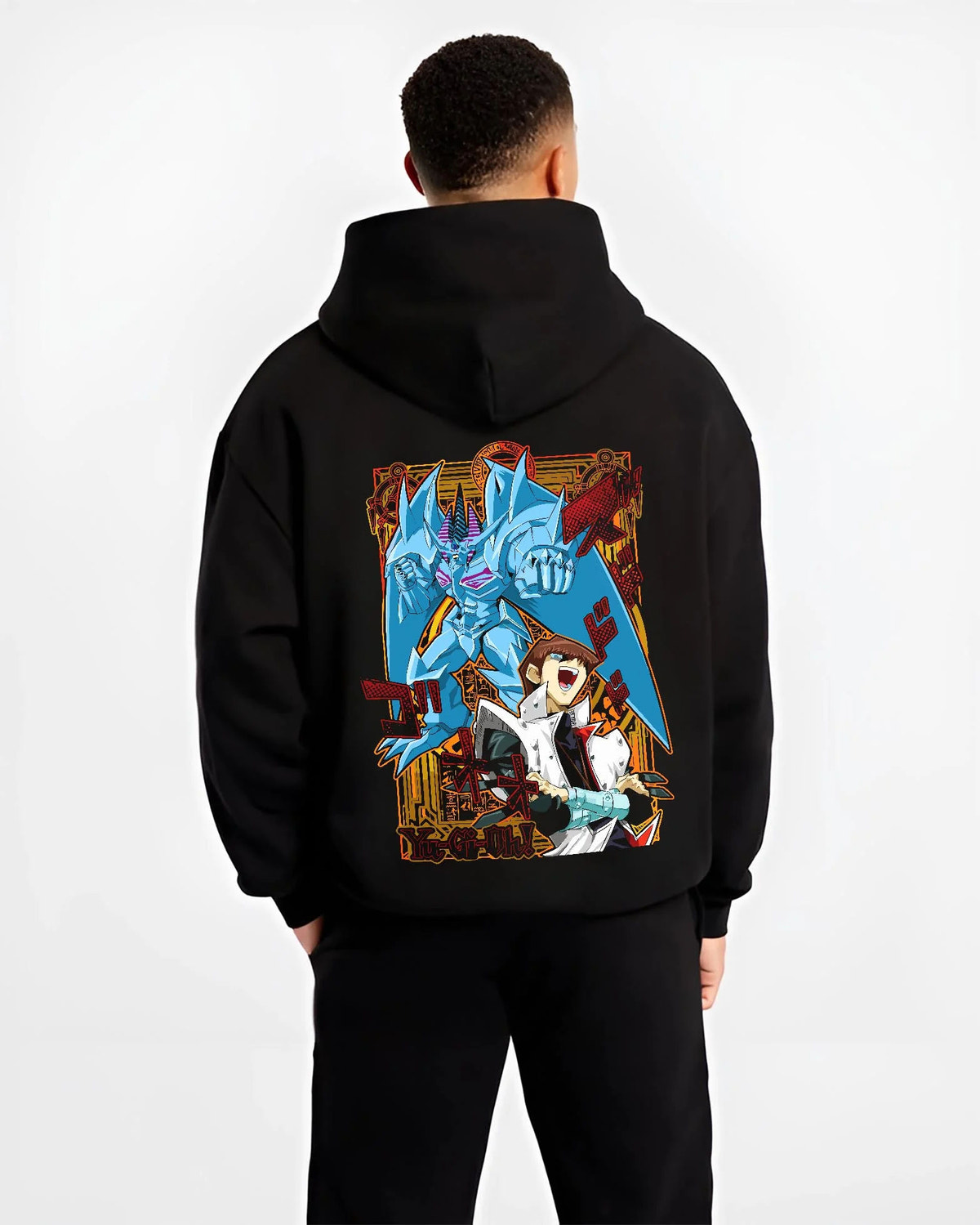 Black hoodie worn by male model from the back featuring Seto Kaiba Blue-Eyes White Dragon artwork.