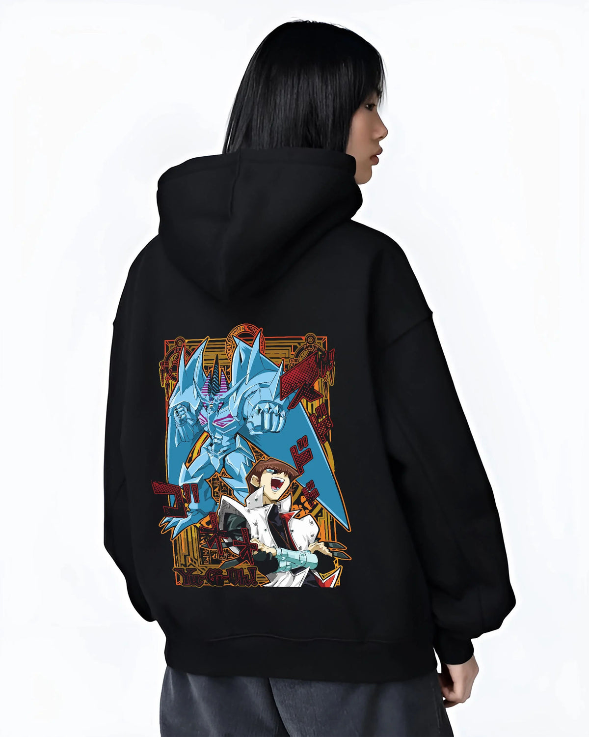 Black hoodie worn by female model from the back featuring Seto Kaiba Blue-Eyes White Dragon artwork.