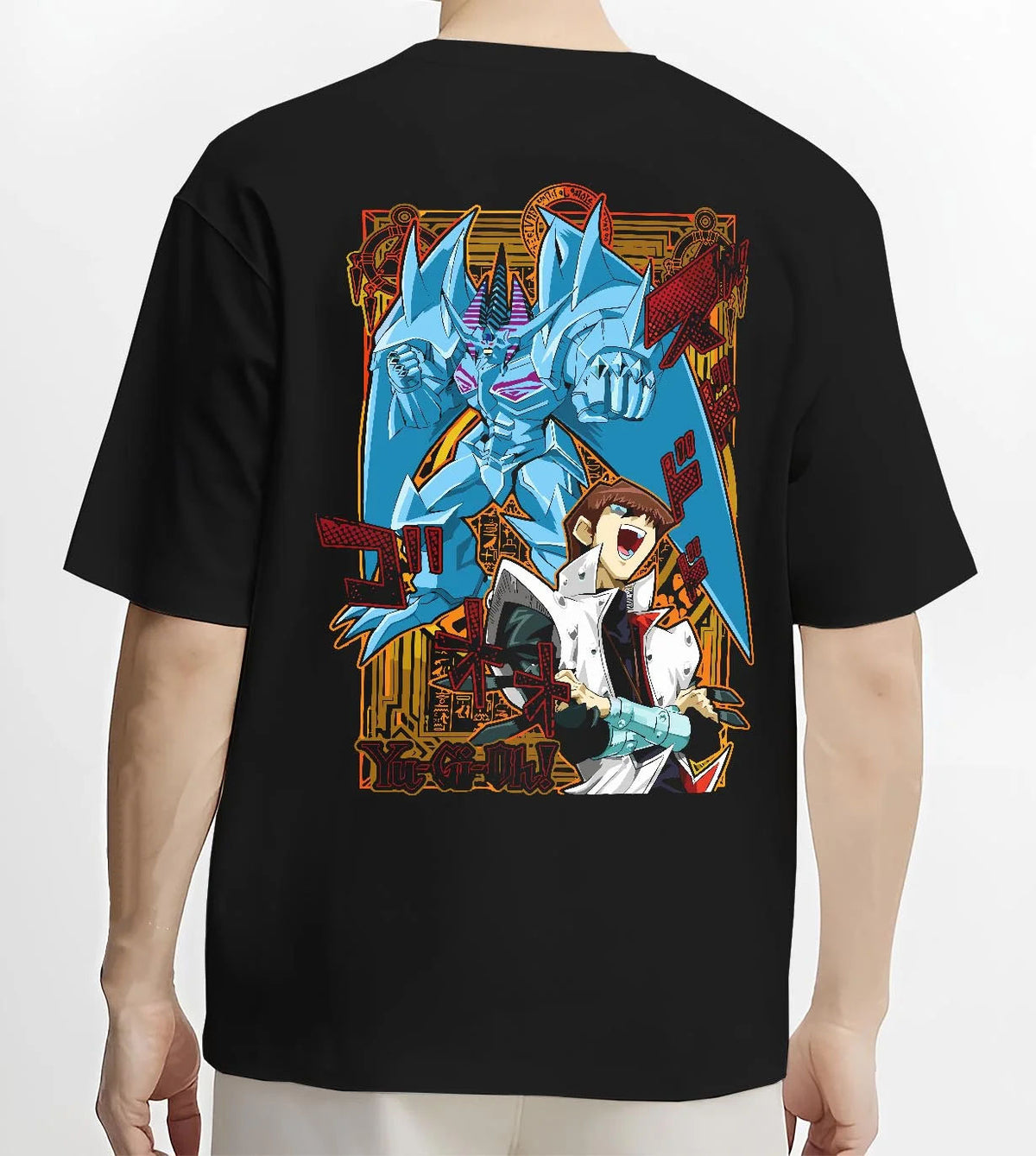 Black T-shirt worn by male model from the back featuring Seto Kaiba Blue-Eyes White Dragon artwork.