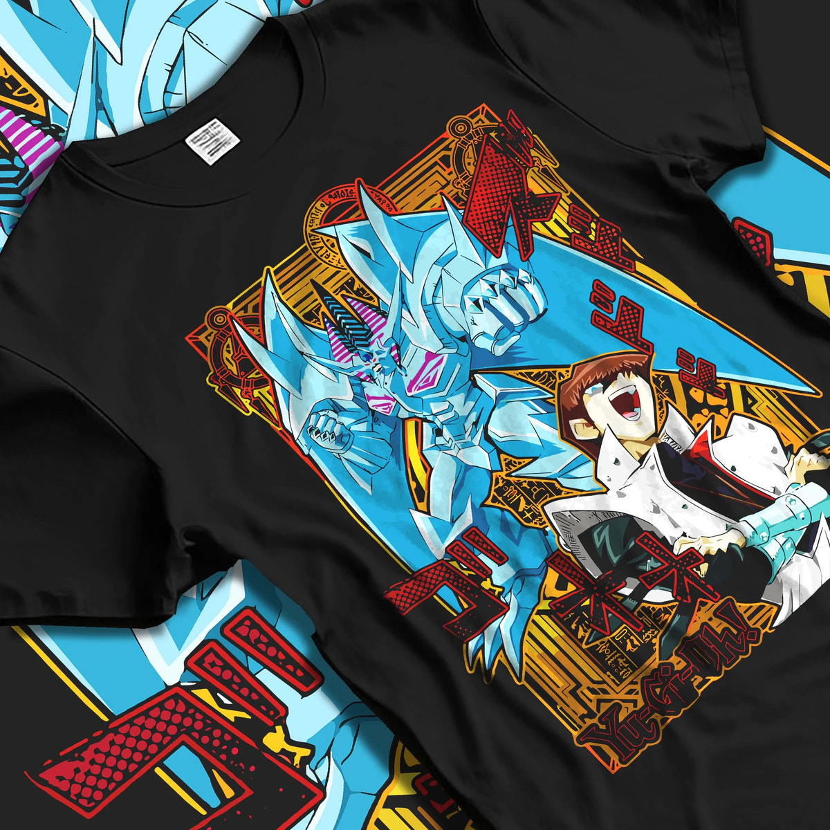 Black T-shirt laid flat with natural folds featuring Seto Kaiba Blue-Eyes White Dragon artwork.